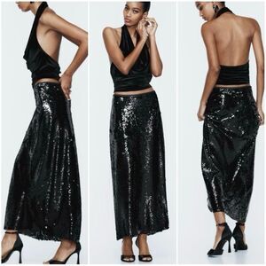 Zara EUC Long Black Sequined Pencil Skirt Size M Midi